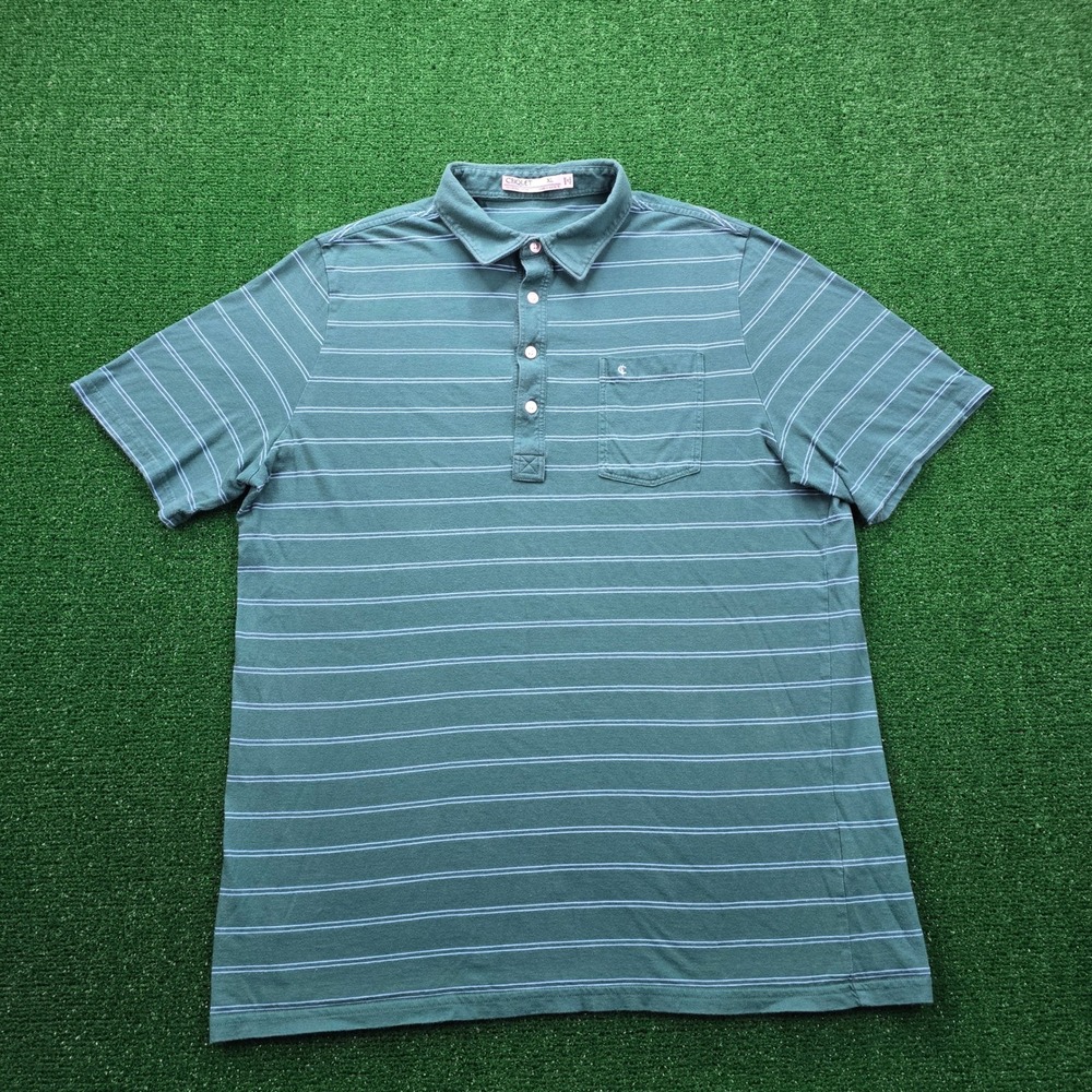 Criquet Polo Shirt Mens XL Green Striped Short Sleeve Cotton Golf Front Pocket